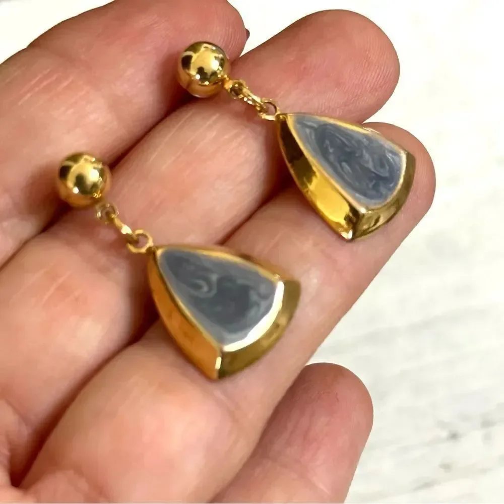 Blue and gold tone post drop earrings